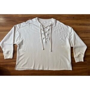 Aerie Lace Up V-Neck Sweatshirt White Boxy‎ Raw Hem Large